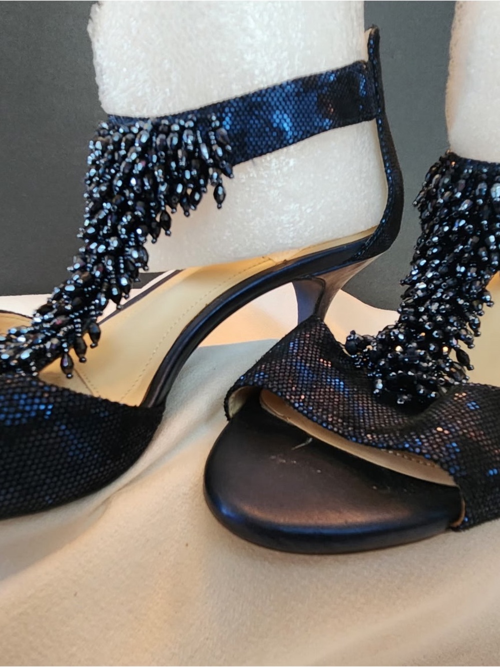Alex Marie Black Beaded Fringe Open-Toe Heels